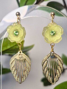 Green Flowers Gold Petal Earrings